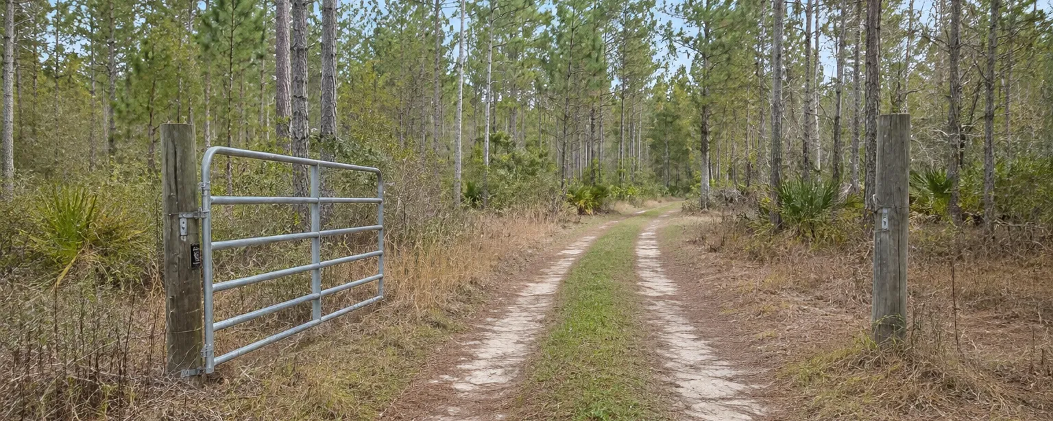 An open metal farm gate on a two-track dirt lane running into pine woods