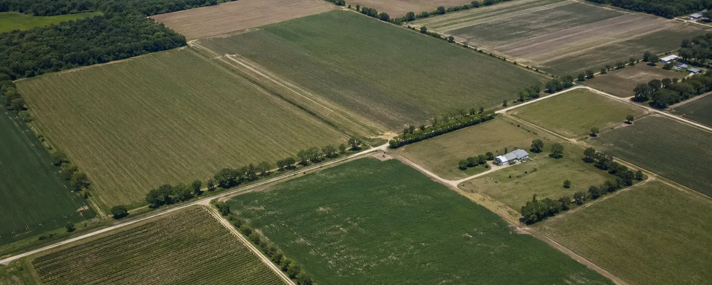 Aerial view of a patchwork of farm fields divided by treelines and access roads in Jackson County, Florida, showing parcel boundaries from above