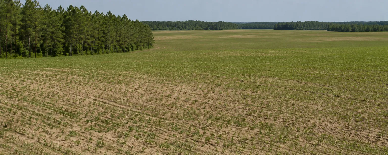 Cultivated farmland meeting a pine treeline under open sky in Jackson County, Florida